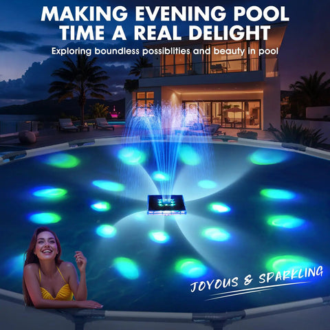 Upgraded 2026 Solar Pool Fountain With Light Show in dark blue, illuminating above ground pool with colorful lights at night