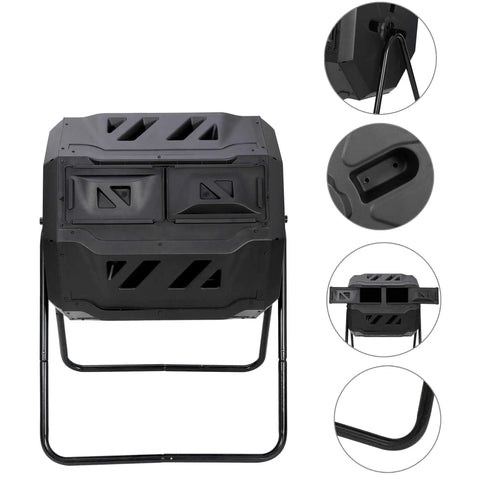 Outdoor Dual Chamber Tumbling Compost Bin With 43 Gallon Capacity, Rotating Bin Featuring Sliding Doors and Sturdy Steel Frame