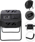 Outdoor Tumbling Composter 43 Gallon Dual Chamber With Two Sliding Doors Heavy Duty Compost Tumbler For Garden Kitchen And Yard Black Durable No-Fuss Batch Composting front and close-up views