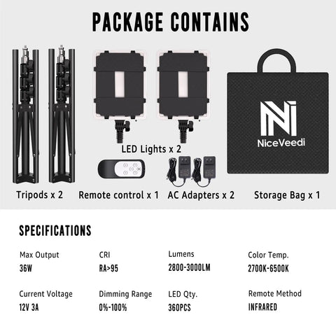 Package contents of 2-Pack Pro-Grade Bi-Color LED Photography Lighting Kit, 36W Output, 2700K-6500K, CRI 95 Plus, with accessories.