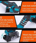 Compact Cordless Mini Angle Grinder With Three Inch Cut Off Disc For kick serious metal and wood tasks featuring battery powered portability, showing auto-lock switch and anti-slip handle.