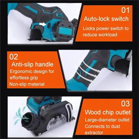 Compact Cordless Mini Angle Grinder With Three Inch Cut Off Disc For kick serious metal and wood tasks featuring battery powered portability, showing auto-lock switch and anti-slip handle.