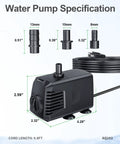 Submersible Pond Pump 200 GPH 700 LPH 12W Ultra Quiet With Overheating Protection diagram with dimensions and cord length