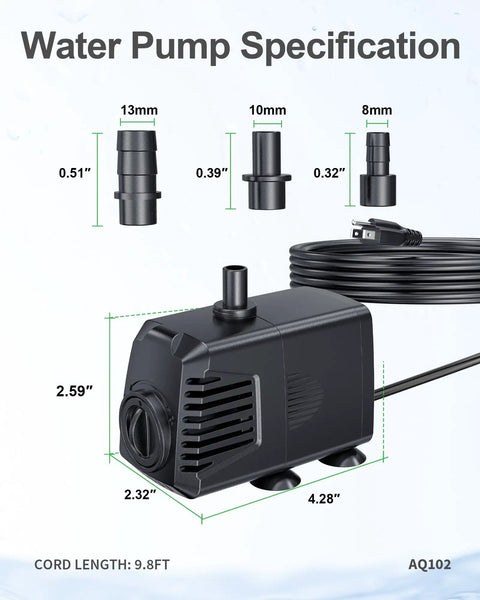 Submersible Pond Pump 200 GPH 700 LPH 12W Ultra Quiet With Overheating Protection diagram with dimensions and cord length