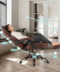 Big And Tall Office Chair With Foot Rest, Ergonomic High Back PU Leather Reclining Desk Chair For Heavy Folks, Wide Seat, Lumbar Support, Executive Brown shown reclining with labeled support features.