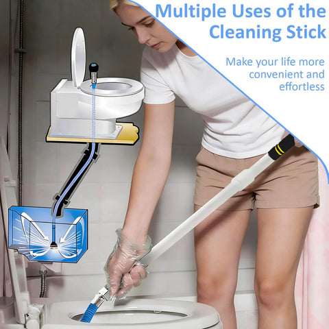 RV black tank cleaning wand connected to a flexible hose, used to flush a toilet tank.
