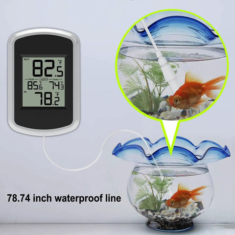 Wired Indoor Outdoor Thermometer With 2.1 Inch Display, 78.74 Inch Waterproof Probe, Fahrenheit Only, Real Time Indoor Outdoor Temp Monitor, Min Max Records, Easy Setup For Home Porch Or Garage, black wall-mounted unit with fish tank probe