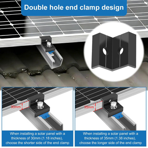 24 Pack Badass Solar Panel Clamps With Weather Resistant Aluminum Alloy For 30 Millimeter And 35 Millimeter Channel Mounting Hardware visual with double hole end clamp design.