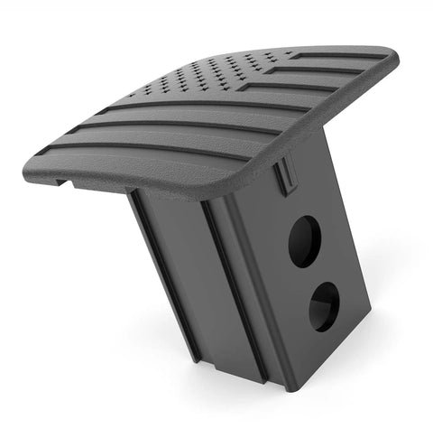 Black plastic Patriotic 2 Inch Tow Hitch Cover Plug With American Flag Design, Heavy Duty Trailer Receiver Cap, shown from side