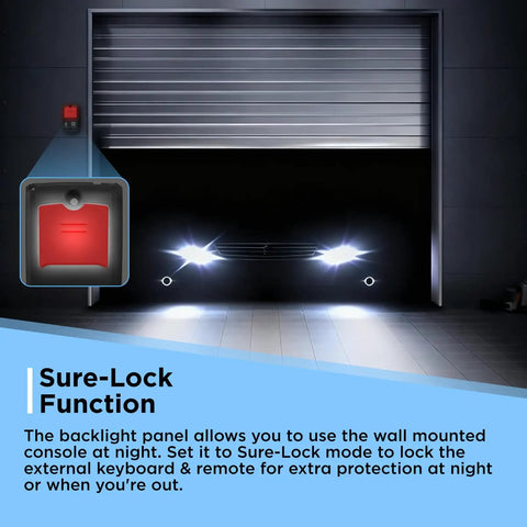 Replacement Garage Door Wall Console With Light And Lock Control Wired Keypad illustrated with Sure-Lock feature and garage