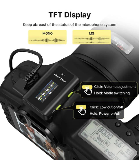 Camera with TFT display showing controls for 4 Transmitter Wireless Lavalier Microphone System With Charging Case For iPhone iPad Android And Cameras 48kHz 24Bit Audio Intelligent Noise Cancellation Clean Vocals For Video Recording And Vlogging