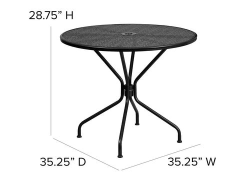 Round Black Indoor Outdoor Steel Patio Table With Umbrella Hole And Rain Flower Designer Top For Outdoor Living Spaces, 35.25 Inch Diameter, Weather Resistant Finish, Dope Deck And Patio Essential, 28.75 inches height view.