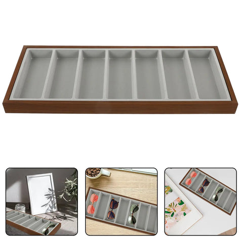 Keep Your Shades Neat In This Slick Wooden Sunglasses Holder Tray Featuring Plush Gray Velvet Lining And Seven Roomy Slots For Secure Eyewear Organization At Home.