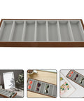 Top Shelf Walnut Wooden Sunglasses Tray With Silky Gray Velvet Liner, spacious seven slot counter display rack on desk.