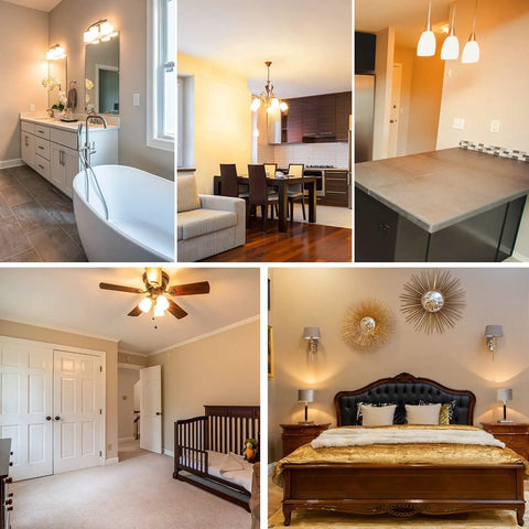 Modern home interiors featuring dimmable E12 LED bulb 7W replaces 60W halogen, warm white 3000K in various lighting fixtures.