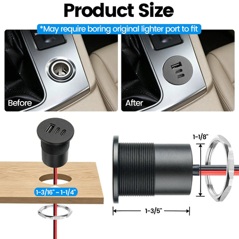 Before and after installation of Heavy Duty 78W Triple Port Car Charger Socket Featuring Dual Usb C Fast Charge Plus Single Usb A Plug.