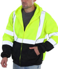 High Visibility Class 3 Zip Up Hoodie Sweatshirt For Men With Reflective Stripes Padded Lining Stain Resistant Fabric Black Bottom Hem