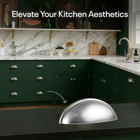 Cup Drawer Pulls 3 Inch Silver Cabinet Hardware 10 Pack For Cabinets And Drawers in modern kitchen setting with marble backsplash.