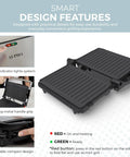 Alpha Living Electric Griddle Panini Press With Non Stick Coating, Stainless Steel 3 In 1 Sandwich Maker And Grill For Burgers And Veggies showing dual indicator lights and compact design.