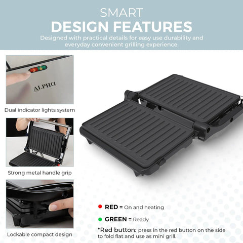 Alpha Living Electric Griddle Panini Press With Non Stick Coating, Stainless Steel 3 In 1 Sandwich Maker And Grill For Burgers And Veggies showing dual indicator lights and compact design.
