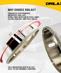 Front view of two Drilax 4-1/2 inch diamond hole saws with guide, metal bodies and diamond grit edges