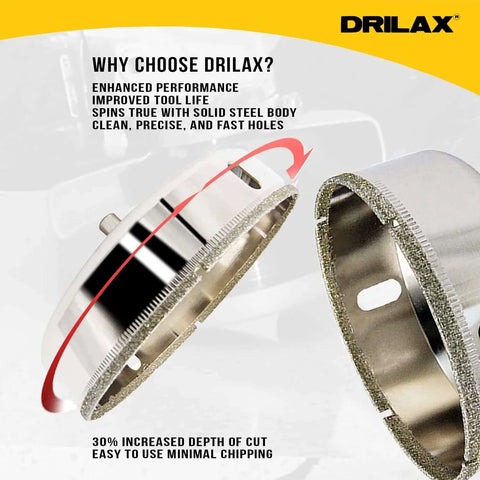 Front view of two Drilax 4-1/2 inch diamond hole saws with guide, metal bodies and diamond grit edges