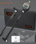 Front view: BOBOVAV dial bore gauge set with digital display, 0.7–6 in range, 23 anvils, in carry case