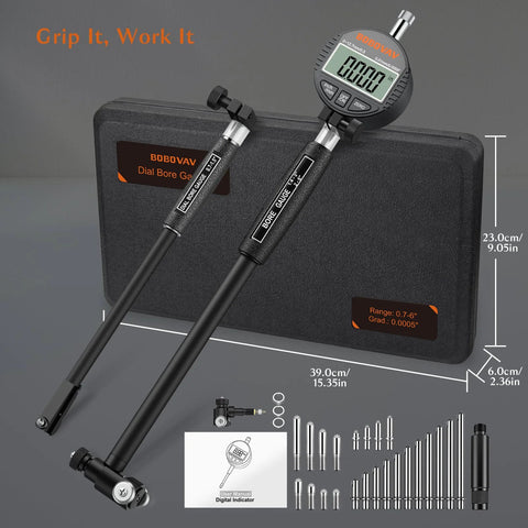 Front view: BOBOVAV dial bore gauge set with digital display, 0.7–6 in range, 23 anvils, in carry case