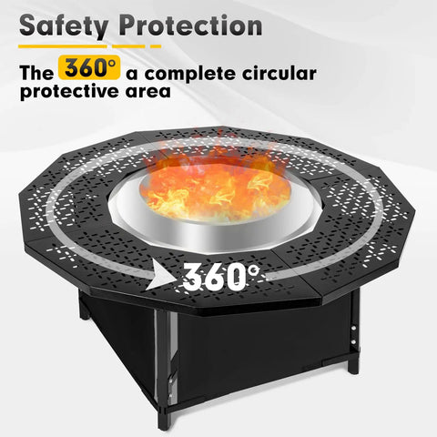 48 Inch Fire Pit Surround Tabletop For Solo Stove Bonfire And Wood Burning Pits, 28.4 Inch Inner Diameter, Coated Metal Outdoor Fire Pit Table With 360 Degree Safety Barrier For Easy Backyard Hangouts, shown with flames.