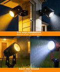 Solar Powered Cast Aluminum Warm White LED Spotlight mounted on wall and staked in ground for garden and yard lighting