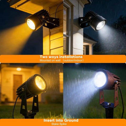 Solar Powered Cast Aluminum Warm White LED Spotlight mounted on wall and staked in ground for garden and yard lighting
