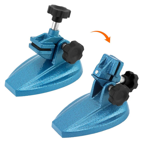 Double Non Slip Micrometer Stand With Painted Cast Iron Base, 2 Pack, shown in blue with adjustable clamp and anti slip pads.