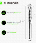 Beefy Upcut Spiral Router Bit 1/4 Inch Shank, 1/4 Inch Cutting Diameter, carbide bit with details for chip resistance and quick chip removal.