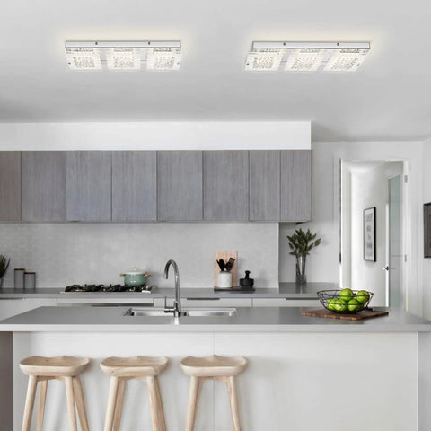 Crystal Rectangle Ceiling Light Fixture Flush Mount LED in modern kitchen, showcasing sparkling crystal accents and bright white glow.