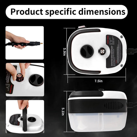 Heavy Duty 2500W Handheld Steam Cleaner With 3 Quick Swap Brushes Rapid Heating Portable Steamer dimensions illustration, 5.9in x 7.5in x 5.1in.