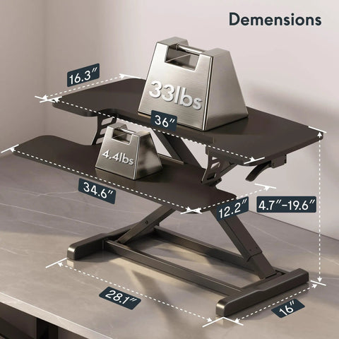 36 Inch Standing Desk Converter Riser With Smooth Spring Lift System showing dimensions and weight capacity