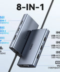 Front view of 8 In 1 USB C Docking Station With Dual 4K HDMI and 4K DisplayPort Plus VGA, 3 USB 2.0 Ports, 100W PD Power Delivery.