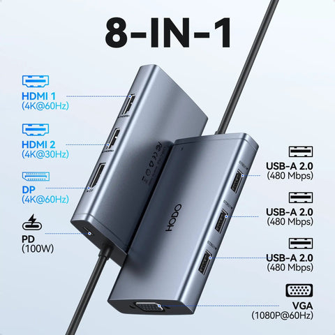 Front view of 8 In 1 USB C Docking Station With Dual 4K HDMI and 4K DisplayPort Plus VGA, 3 USB 2.0 Ports, 100W PD Power Delivery.
