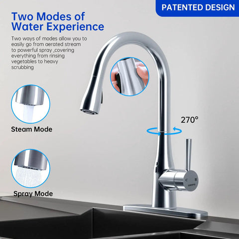 Touchless Kitchen Faucet With Pull Down Sprayer, Motion Sensor Hands Free, 270 Degree Swivel, Chrome Finish shown in two modes