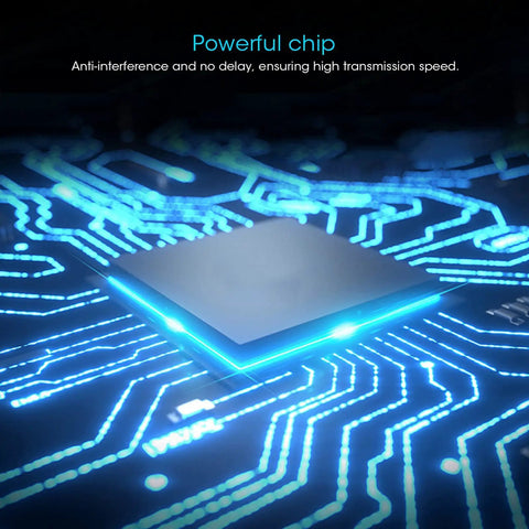 Close-up of a powerful chip on a circuit board, illustrating anti-interference and high transmission speed capabilities.