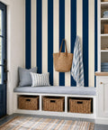 Dope Navy Blue And Cream Vertical Stripe Peel And Stick Wallpaper Roll Premium Thick Removable Vinyl Wall Covering For Modern Home Decor Rental Friendly Snag Now applied in a modern entryway with bench.