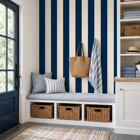 Dope Navy Blue And Cream Vertical Stripe Peel And Stick Wallpaper Roll Premium Thick Removable Vinyl Wall Covering For Modern Home Decor Rental Friendly Snag Now applied in a modern entryway with bench.