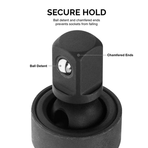 Impact Universal Joint Socket Swivel Set, Extension Socket Trio For 1/4, 3/8, And 1/2 Inch Sockets, Cr-Mo heat-treated steel close-up