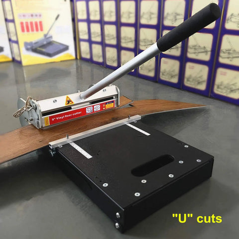 Eight Point Eight Inch Pro Vinyl Floor Cutter That Cuts All Vinyl Types From LVP To SPC and More with a Moveable Blade in use