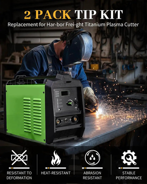 Welder using Pro Grade Replacement Parts Kit For Plasma Cutter Torch Tips For Harbor Freight 45 And 65 Torches, green unit