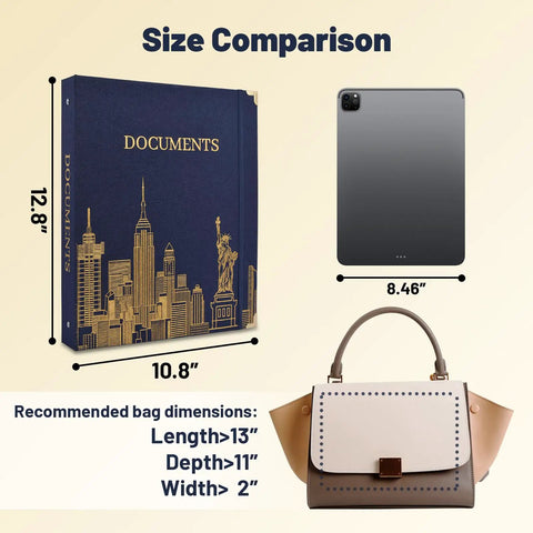 Important Document Organizer Linen Binder With 12 Expanding Pockets For Docs size comparison with tablet and handbag