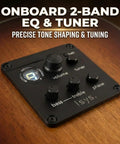 Close-up of 2 Band Acoustic Guitar Preamp with Piezo Pickup and Built In LCD Tuner, showing onboard equalizer controls.