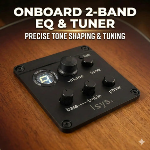 Close-up of 2 Band Acoustic Guitar Preamp with Piezo Pickup and Built In LCD Tuner, showing onboard equalizer controls.