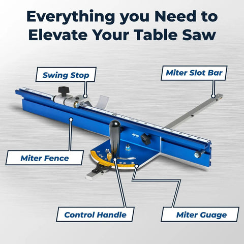 Premium Table Saw Miter Gauge Kit Featuring An Adjustable Fence For Dead On Angles And Crisp Woodworking Cuts That Shoot Straight Every Time, showing components including miter fence, swing stop, and control handle.
