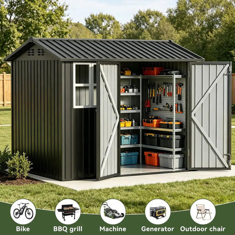 Heavy Duty Metal Storage Shed With Window, Lockable Garden Toolhouse, Ventilated And Weather Resistant Backyard Utility Workshop For Outdoor Storage, Light Gray 8X6Ft, open doors showing shelves with tools inside, situated in a backyard setting.
